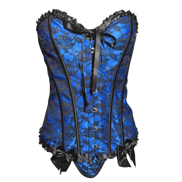 * NEW-* Blue and Black Satin and Lace Corset Set Size XL - Picture 5 of 16